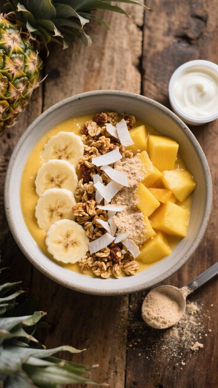 Overhead flat lay of a Protein-Packed Pineapple Mango Smoothie Bowl arranged in a wide, shallow bowl with a thick, spoonable golden base. Toppings arranged neatly for crunch and contrast: sliced banana, toasted coconut flakes, granola clusters, fresh mango and pineapple bits, and a light dusting from vanilla protein powder. Include a small tub of plain Greek yogurt and a protein powder scoop at the edge of the frame. Matte ceramic bowl on a rustic wood surface, high detail and rich texture, vibrant yet natural colors.