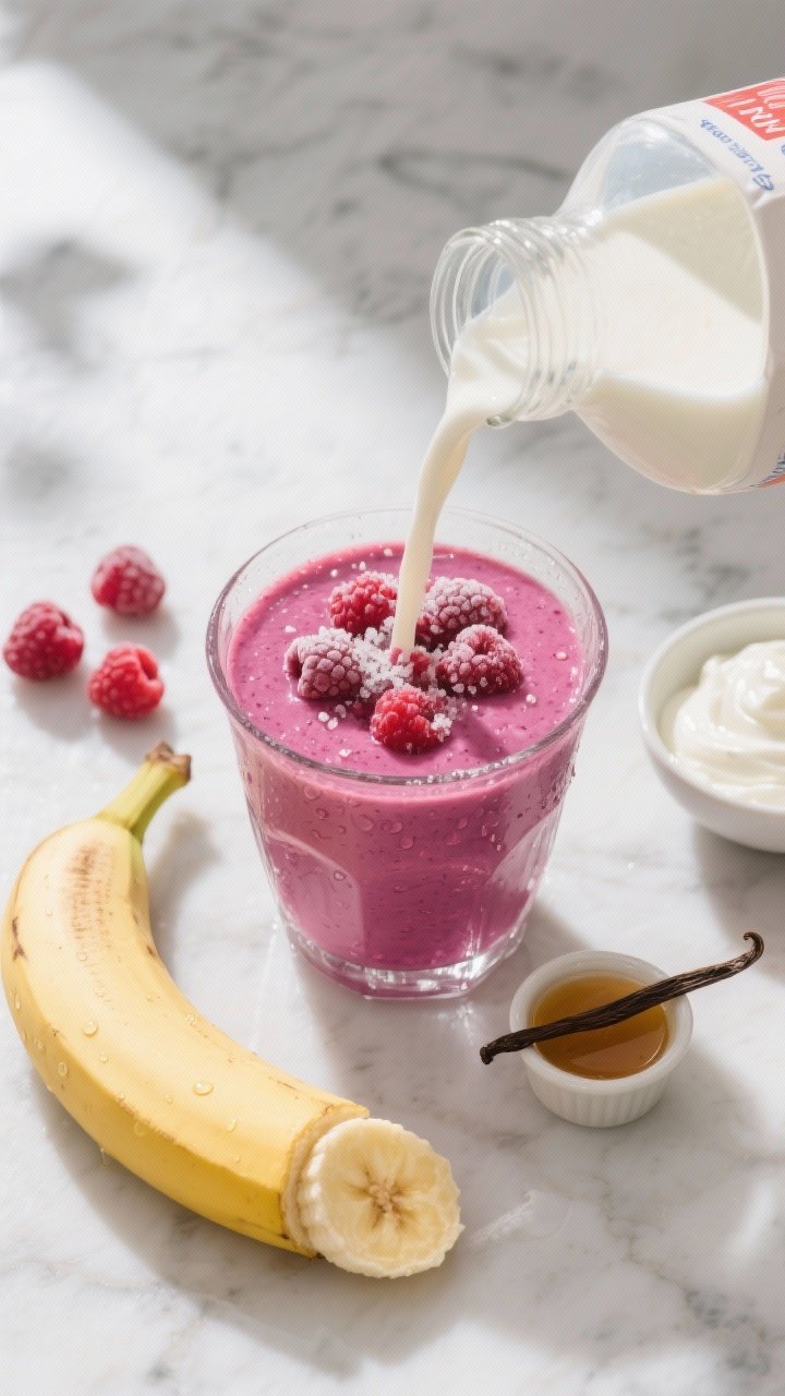 Overhead flat lay of a sunlit classic raspberry banana vanilla smoothie being poured into a clear glass, vibrant magenta color. Include: 1 cup frozen raspberries scattered with frosty crystals, 1 medium ripe banana (half sliced, half whole), a carton/jug of unsweetened vanilla almond milk, a small bowl of plain or vanilla Greek yogurt with a glossy surface, and a tiny ramekin of pure vanilla extract. Scene on a bright marble surface with soft morning light, minimal props, condensation on the glass, focus on creamy texture and seeds of raspberries visible, no people.