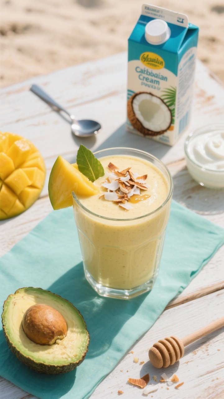 Overhead flat lay of the Caribbean Cream Avocado Mango Power-Up final smoothie: a thick, pale-yellow mango-coconut smoothie poured into a clear glass, creamy texture from 1/2 avocado and Greek yogurt, subtle sheen of coconut milk, optional honey drizzle on top. Style with a small wedge of fresh mango, avocado fan slices, and toasted coconut flakes as garnish. Include nearby props: carton-style unsweetened coconut milk, a spoon with plain Greek yogurt, and a honey dipper. Set on a sunlit, beachy light-wood surface with a soft teal napkin to evoke Caribbean vibes; crisp, professional lighting, no people.