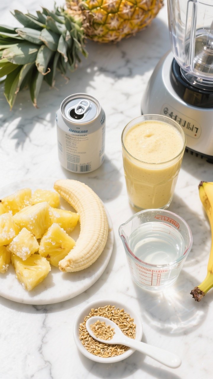 Overhead flat lay of the Classic Beach-Day Pineapple Coconut Sunshine Smoothie ingredients on a bright sunlit marble surface: 1 1/2 cups frozen pineapple chunks with frost crystals, half a ripe banana (sliced, some pieces slightly thawed), a chilled can of full-fat coconut milk with a small splash in a glass showing its creamy texture, a clear measuring cup of cold water or coconut water, and a small dish with golden flaxseed meal (or similar tablespoon add-in) ready to sprinkle; include a high-speed blender jar open and a tropical vibe with a few pineapple leaves; vibrant yellow and creamy white tones, crisp shadows, no people.