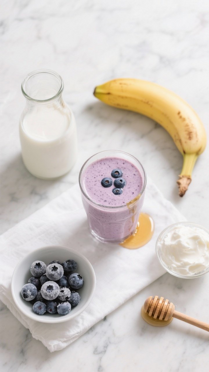 Overhead flat lay of the Classic Creamy Kickstart smoothie: a thick pale-purple banana–blueberry smoothie poured into a clear glass, tiny blueberry flecks visible, with a side drizzle of honey/maple syrup. Surround with the exact raw ingredients neatly arranged on a cool marble surface—1 large ripe banana (fresh or frozen), 1 cup frozen blueberries with frost crystals, a small carafe of unsweetened almond milk, a bowl of plain Greek yogurt, and a honey dipper. Soft morning light, minimal props, clean white napkin, no people.