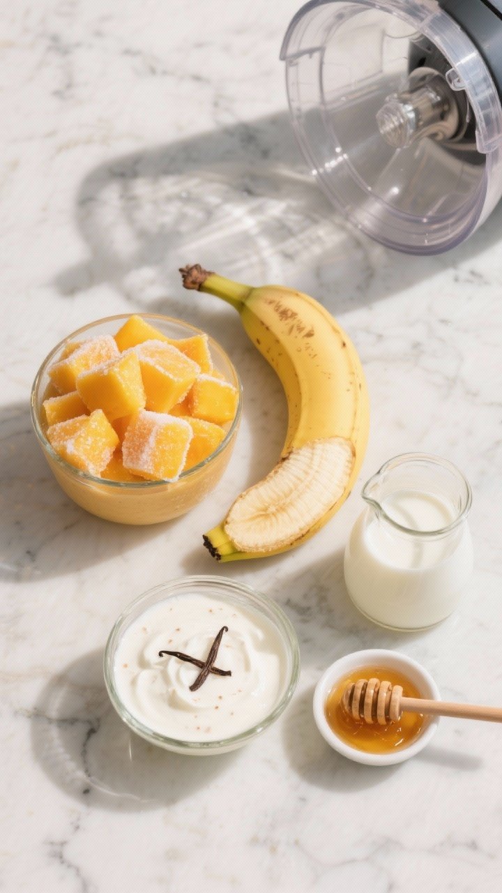 Overhead flat lay of the Classic Mango Banana Cream smoothie ingredients arranged neatly on a cool marble surface: 1 cup frozen mango chunks with frosty edges, 1 ripe banana (peeled), a glass ramekin of vanilla Greek yogurt with visible vanilla flecks, a small carafe of cold milk (dairy or unsweetened almond), and a tiny dish of honey/maple syrup with a glistening drizzle; include a high-speed blender jar empty and ready, soft morning light, crisp shadows, vibrant yellow-orange tones, clean and inviting, no people.