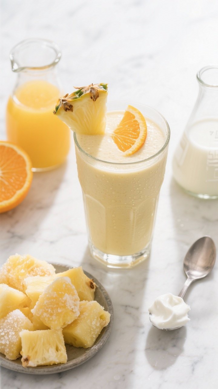Overhead flat lay of the Classic Pineapple Orange Sunshine Smoothie: a tall clear glass filled with a pale golden smoothie, silky from plain Greek yogurt and coconut milk, topped with a small pineapple wedge and a thin orange wheel. Surround the glass with measured mise-en-place: 1 1/2 cups frozen pineapple chunks with frost crystals, a small carafe of fresh orange juice (from halved oranges with visible pulp), a spoonful of thick plain Greek yogurt, and a splash-ready beaker of unsweetened coconut milk. Style on a cool white marble surface with soft morning light, minimal props, condensation on the glass for freshness, crisp focus and professional food styling.