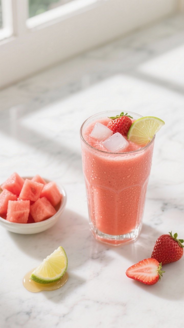 Overhead flat lay of the Classic Sunset Sipper smoothie: a tall clear glass filled with a bright coral-pink blend of chilled seedless watermelon cubes, hulled strawberries, cold coconut water, fresh lime juice, and a touch of honey/agave, condensation on glass; styled on a white marble surface with a small bowl of watermelon cubes, a few halved strawberries, a lime wedge, and a dribble of honey nearby; soft natural window light, crisp highlights, vibrant tropical “vacation” mood, no people.