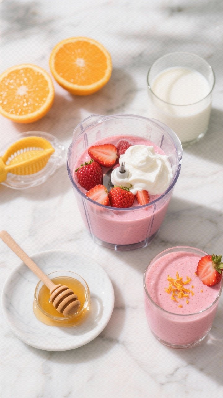 Overhead flat lay of the Classic Sunshine Cream Smoothie being blended: a clear blender jar filled with 1 cup frozen strawberries, 3/4 cup freshly squeezed orange juice (halved oranges and a hand juicer nearby), 1/2 cup vanilla Greek yogurt dolloped on top, 1/2 cup milk in a small glass, and a drizzle-ready spoon of honey or maple syrup on a saucer; vibrant pink-orange tones, marble surface, bright natural morning light, minimalist props. Include a finished glass in the corner with a silky, frothy pink smoothie, orange zest sprinkle, and a strawberry slice garnish to imply the final texture.