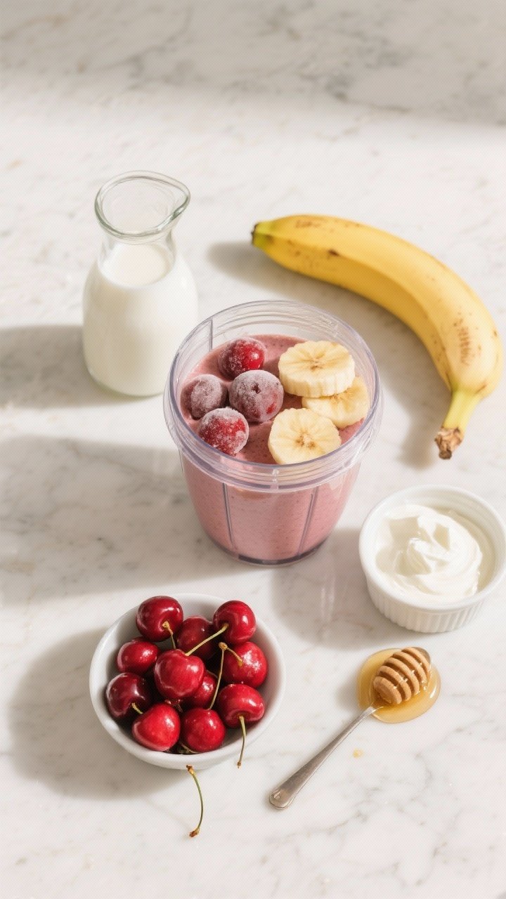 Overhead flat lay of the Sunrise Cherry Banana Classic smoothie being blended: frozen pitted cherries, a ripe banana (sliced), unsweetened almond milk in a small carafe, Greek yogurt in a ramekin, and a drizzle-ready honey or maple syrup spoon arranged around a clear blender jar on a light marble surface. Show vibrant ruby-red cherries, creamy yogurt dollop, and pale almond milk, with measured amounts visible. Natural morning light, clean minimal styling, no people, professional food photography.
