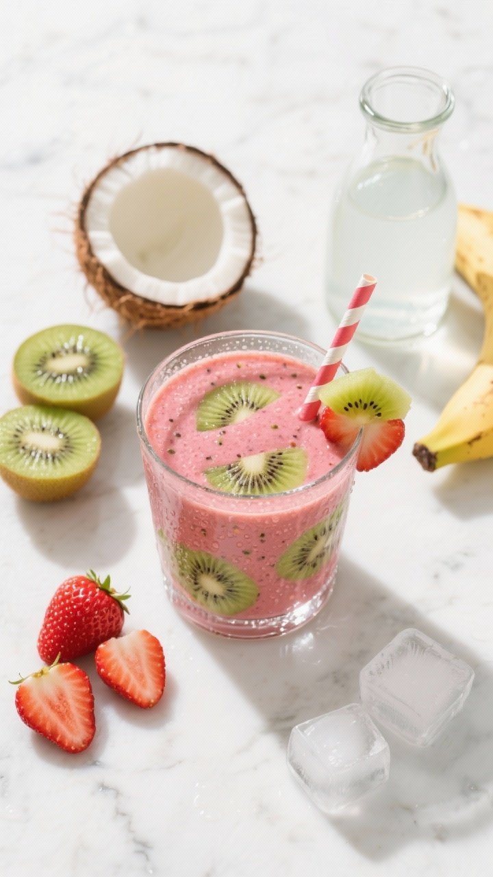 Overhead flat lay of the Sunshine Classic Strawberry Kiwi Smoothie in a clear glass, vibrant pink-green hues, with visible strawberry seeds and kiwi flecks; ingredients arranged around: 1 cup ripe strawberries (hulled), 2 peeled chopped kiwis, half a ripe banana, a small carafe of cold coconut water, and a handful of ice cubes; bright morning light, clean white marble surface, minimal props, condensation on the glass to suggest refreshment, a striped paper straw and a few strawberry and kiwi slices as garnish.