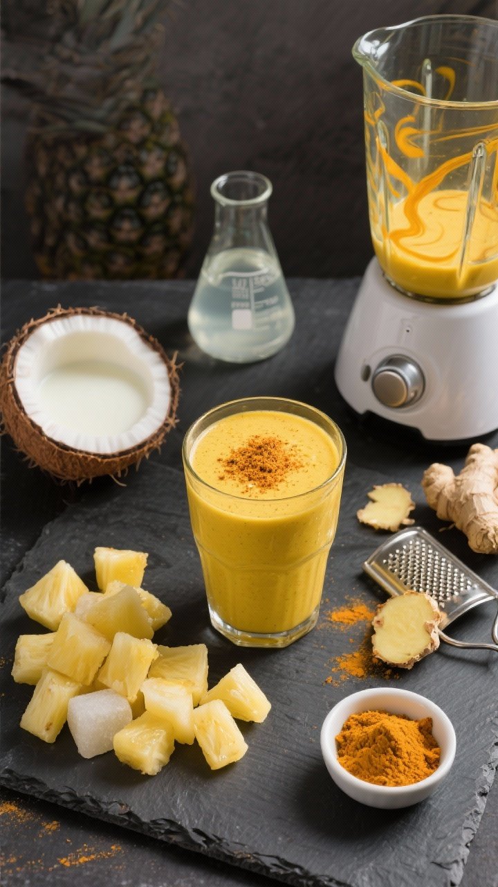 Overhead ingredient-and-final combo for the Spicy Piña Colada Power Smoothie: center a finished glass with a warm golden-yellow smoothie dusted lightly with ground turmeric; surround with neat piles of frozen pineapple chunks, a small bowl of light coconut milk, a beaker of coconut water, freshly grated ginger on a microplane beside a peeled 1/2-inch knob, and a pinch bowl of ground turmeric; include a blender with turmeric-stained swirls; bold contrast on a dark slate surface to emphasize spice and brightness, no people.