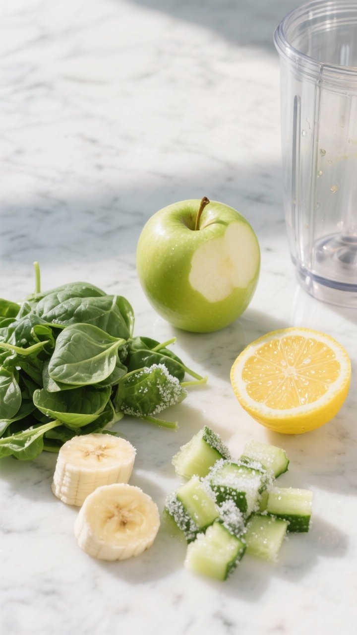 Overhead ingredient flat lay for “Bright & Basic Booster”: a crisp Granny Smith apple (cored and chopped), loose piles of fresh spinach, a few slices of frozen banana with frost crystals, chopped peeled cucumber, and a halved lemon with visible juice droplets; arranged neatly on a cool white marble surface with a clear blender jar off to the side, bright natural morning light, high contrast greens and yellows, clean wellness mood, no people.