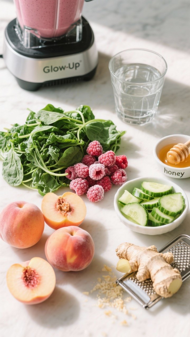 Overhead ingredient prep flat-lay for the Glow-Up Greens Raspberry Peach Smoothie: neatly arranged frozen peaches, frozen raspberries, a compact pile of baby spinach or baby kale, chopped cucumber half-moons, grated fresh ginger on a microplane, and a small dish labeled “honey” (or sweetener) ready to add. Include a blender base and an empty glass to imply the next step. Vibrant greens contrasted with pinks and oranges, bright natural light, crisp textures, wellness-focused mood.