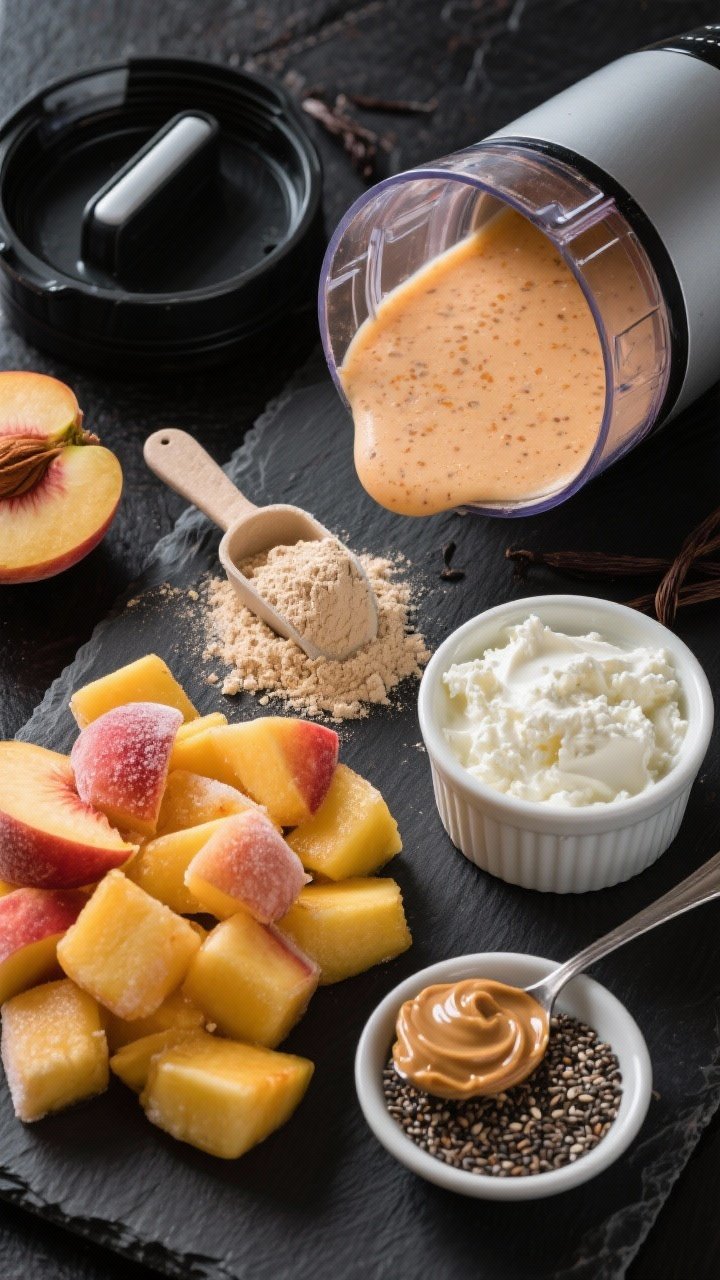 Overhead ingredient prep shot for a High-Protein Peach Mango Cream Smoothie on a dark slate board: tidy piles of frozen mango and frozen peaches, a scoop of vanilla protein powder with visible vanilla flecks, a ramekin of low-fat cottage cheese (or Greek yogurt) showing curds/creaminess, a spoonful of almond butter with glossy swirl, and a small dish of chia or flax seeds. A powerful blender jar sits open, ready to load. Cool, athletic vibe with crisp contrast, emphasizing protein-packed textures and nutrients.