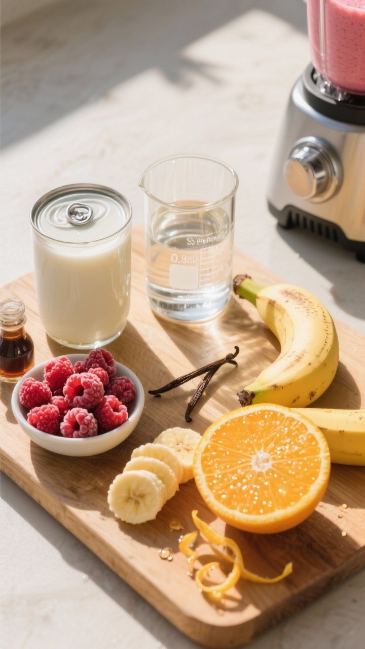 Overhead ingredient-prep shot for sunshine swirl smoothie with coconut and citrus: on a sunlit wooden board, arrange 3/4 cup light canned coconut milk in a small glass, 1/2 cup cold water in a beaker, 1 cup frozen raspberries, 1 ripe fresh banana peeled and sliced, a small dish of pure vanilla extract, and half an orange juiced with a few glistening droplets and zest curls. Include a blender base off to the side and a clear glass ready to be filled. Bright, tropical mood, high contrast light to emphasize juicy citrus and creamy coconut, vibrant pink-red tones.