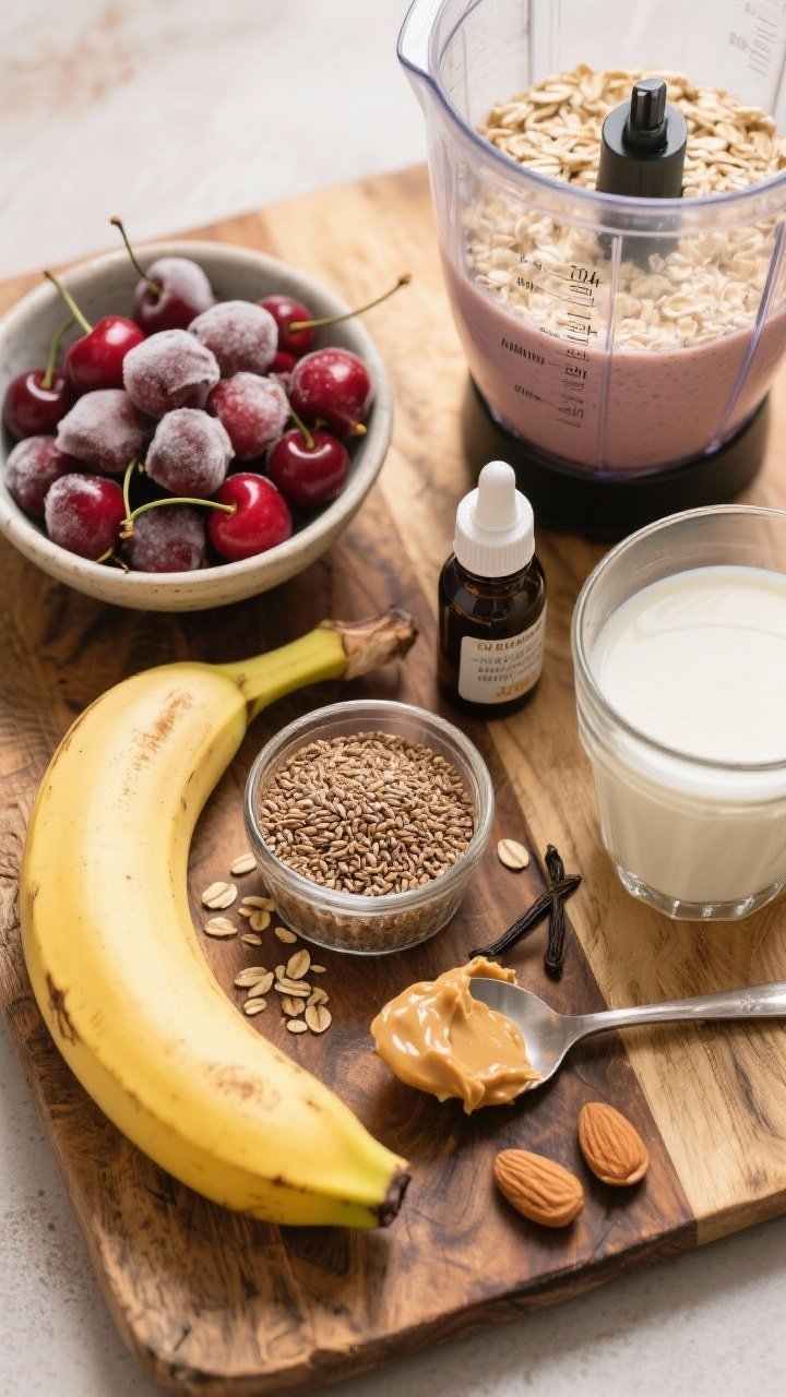 Overhead ingredient prep shot for the Almond Oat Cherry Banana Breakfast Smoothie: a rustic wooden board with rolled oats measured at 1/4 cup, flaxseed meal, almond butter in a spoon, a large ripe banana, frozen pitted cherries in a bowl, a small bottle of vanilla extract with dropper, and a glass of unsweetened almond milk. Include a high-speed blender jar with oats already inside to suggest a hearty, filling blend. Warm morning light, tidy composition, appetizing textures.