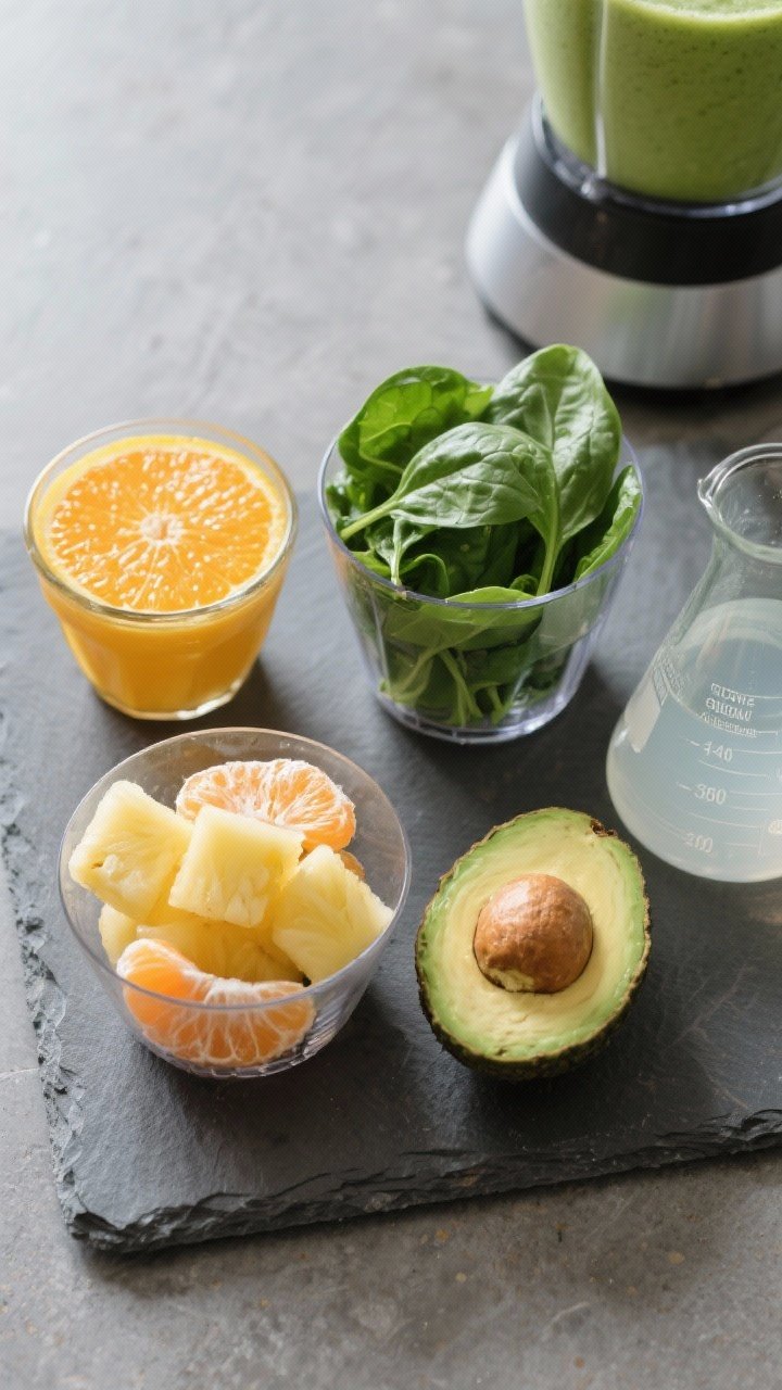 Overhead ingredient-prep shot for the Green Glow Pineapple Orange Smoothie: neatly arranged on a cool slate board—1 cup frozen pineapple chunks, a small ripe orange peeled and segmented with glistening membranes (and alternative 1/2 cup orange juice in a small glass), a packed cup of baby spinach (vivid green leaves), 1/4 ripe avocado fanned to show buttery texture, and a chilled measure of liquid base (cold water or light coconut water in a clear beaker). Include a blender jar ready to receive ingredients. Natural, bright light to highlight fresh greens, clean lines, no people, crisp professional styling.