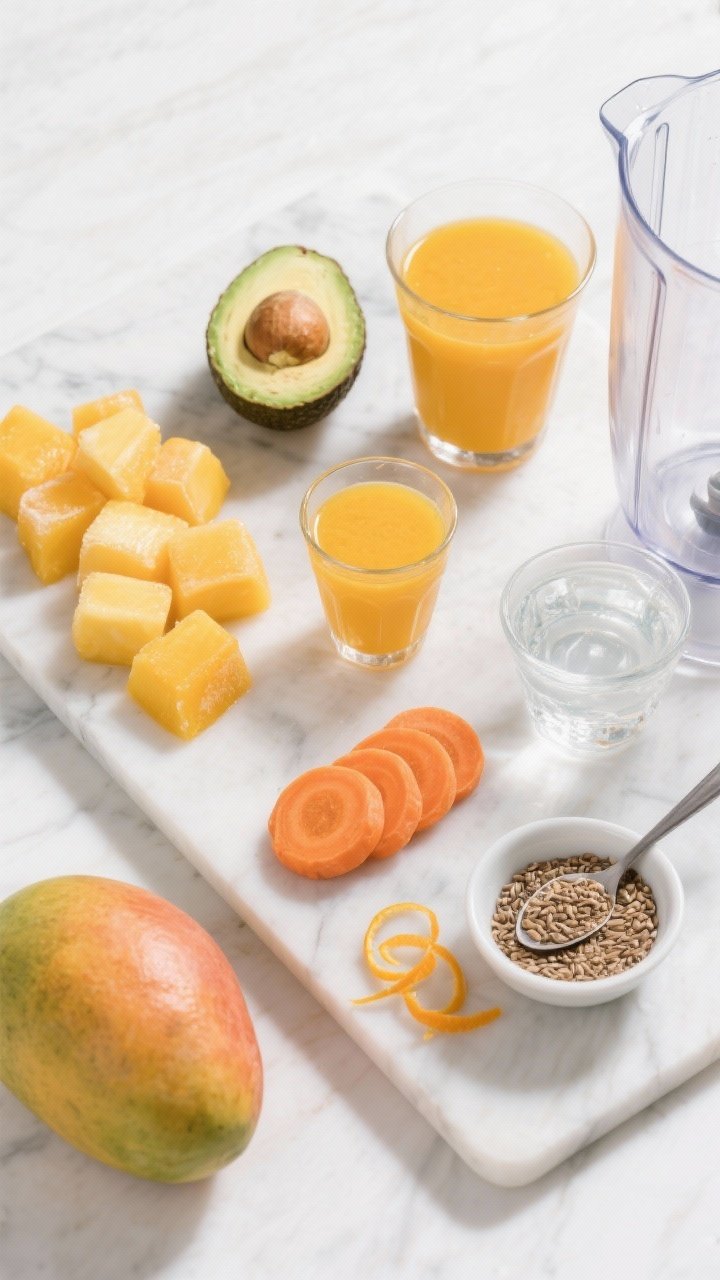 Overhead ingredients-prep shot for the Sunrise Citrus Avocado Mango Refresher: bright, sunrise palette. Arrange neat sections on a white marble board—frozen mango cubes, 1/2 ripe avocado, a small glass of fresh orange juice, a shot glass of carrot juice (or a cooled small cooked carrot sliced into coins), a bowl of cold water, a spoonful of flaxseed meal, and fine curls of fresh orange zest. Include a clear blender jar partially in frame to imply blending next. Vibrant, high-contrast lighting to emphasize citrus freshness; clean, modern styling.