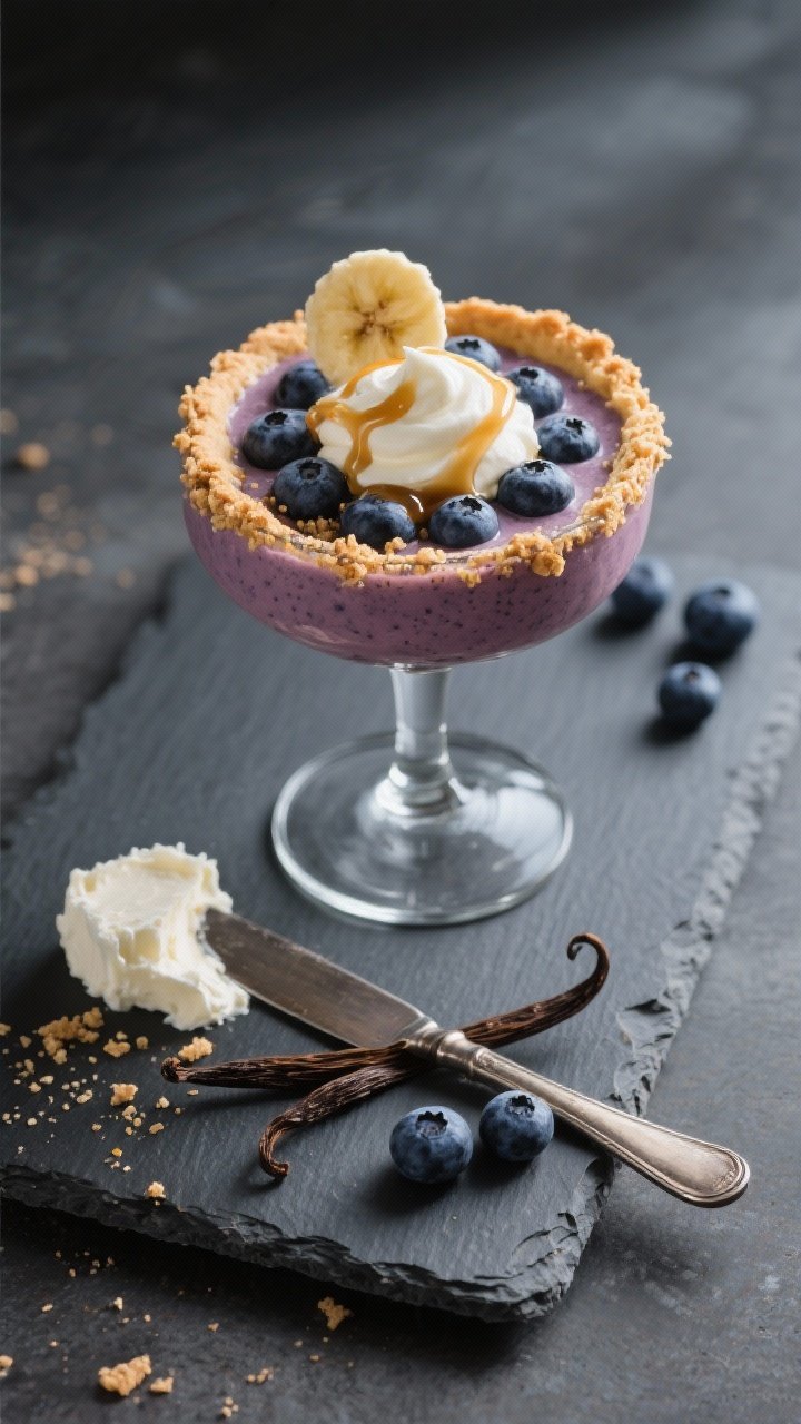 Overhead plated dessert-style presentation of a blueberry banana cream pie smoothie in a coupe glass, styled like a dessert. Top with a dollop of vanilla Greek yogurt, a fine drizzle of maple syrup, and crushed graham cracker crumbs around the rim. Include a small portion of cream cheese or mascarpone on a butter knife, a vanilla bean segment, and small clusters of blueberries on a matte slate board. Moody, directional light to emphasize indulgent, pie-like richness.