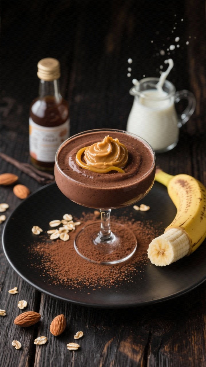 Overhead plated presentation of the Chocolate Almond Banana Honey Oat Smoothie styled like dessert: a thick, chocolatey smoothie in a chilled coupe glass, dusted with unsweetened cocoa powder, a ribbon of honey, a dollop of almond butter swirled on top, and a few rolled oats for texture; include a vanilla extract bottle, almond milk splash in a small pitcher, and a frozen banana segment; dark wood surface, moody lighting, rich contrast to emphasize the indulgent look.