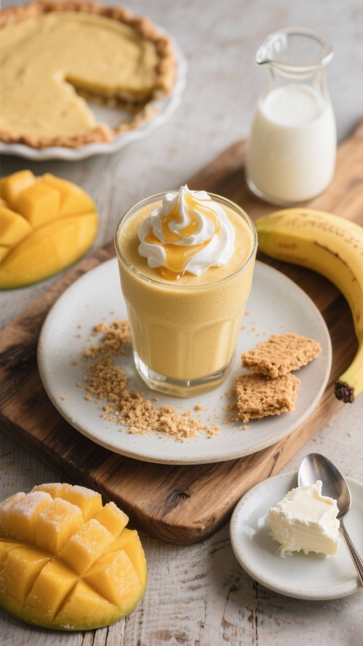 Overhead plated presentation of the Mango Banana Pie-Shake styled like dessert: a thick vanilla-gold smoothie in a short dessert glass with a dollop of whipped-like swirl from vanilla Greek yogurt, a light drizzle of honey, and a dusting of crushed graham cracker crumbs to evoke pie crust; include ingredient tokens arranged artfully around: frozen mango, a frozen banana, a spoonful of cream cheese or mascarpone on a small plate, and a small carafe of milk; set on a rustic wooden board with a pie-evoking aesthetic, cozy afternoon light, indulgent yet breakfast-friendly.
