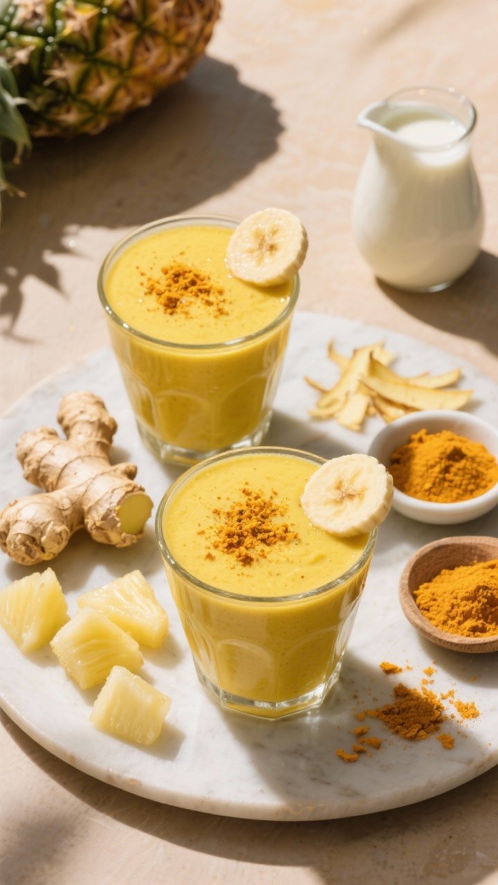 Overhead plated presentation of the Spicy-Sweet Island Smoothie with ginger heat. Two small glasses filled with a luminous yellow smoothie, lightly speckled with turmeric. Garnished with a micro-grate of fresh ginger and a fine dusting of turmeric on top, plus a thin banana coin on each rim. Ingredients artfully scattered: frozen pineapple chunks, a nub of freshly grated ginger with fine shavings, a pinch of ground turmeric in a tiny dish, and a small jug of coconut milk or oat milk. Warm, sunlit scene with a hint of spice-forward mood.