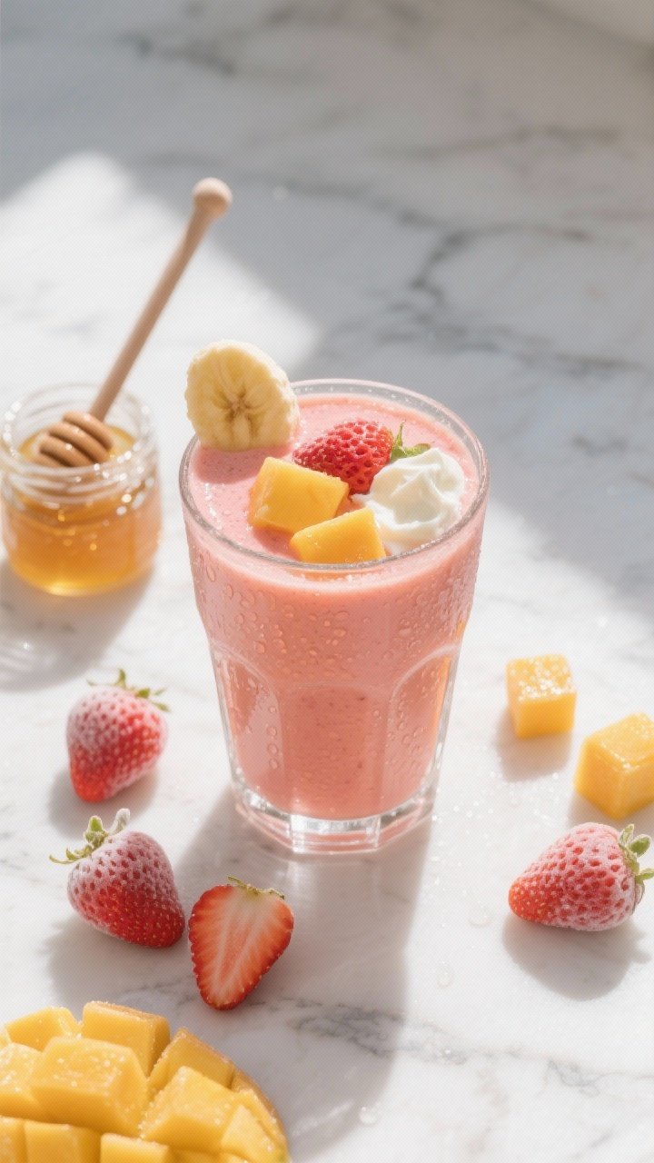 Overhead shot of a bright Sunrise Strawberry Mango Smoothie in a clear highball glass on a sunlit marble surface, showing a creamy pink-orange blend made from frozen strawberries, frozen mango chunks, a small banana, unsweetened almond milk, plain Greek yogurt, and a drizzle of honey; styled with a few frost-kissed strawberry halves and mango cubes scattered around, a small jar of honey with a dipper, and condensation on the glass for a refreshing morning mood, crisp natural light, minimal props.