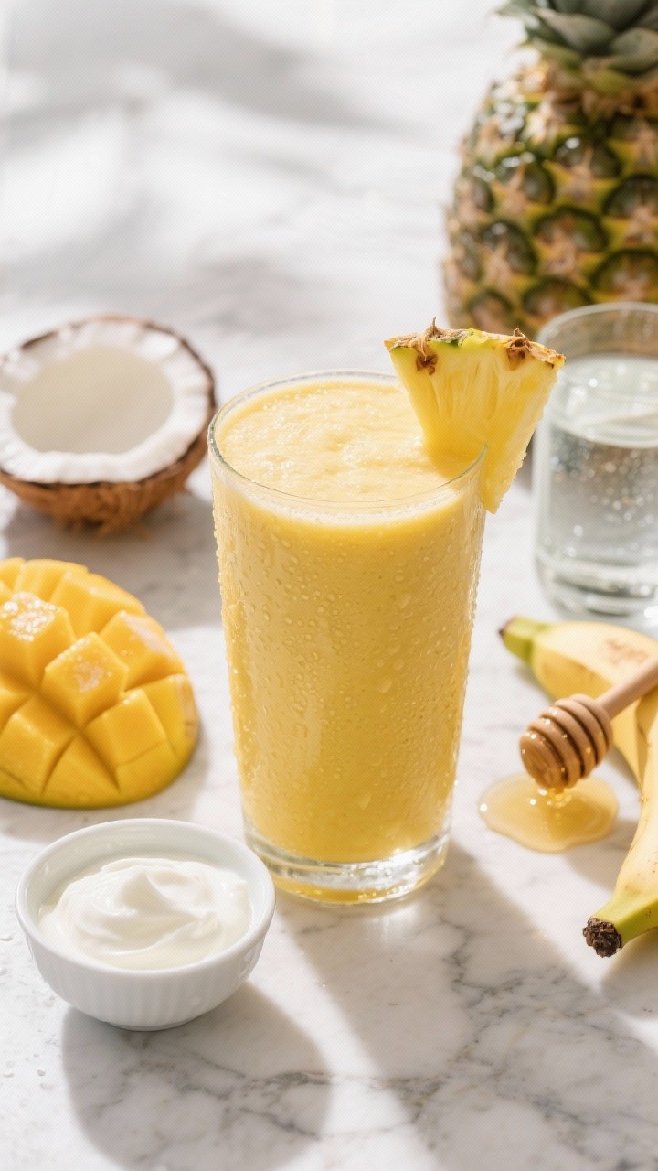 Overhead shot of a tall, frosty Sunrise Pineapple Mango Smoothie poured into a clear glass, showing a creamy golden-yellow blend. Include visible ingredients around the glass: 1 cup frozen mango chunks, 1 cup frozen pineapple chunks, a small ripe banana, a small bowl of plain Greek yogurt, a glass of coconut water, and a drizzle of honey with a honey dipper. Style on a sunlit marble surface with condensation on the glass, garnished with a pineapple wedge and mango slice; vibrant tropical mood, crisp professional lighting, no people.