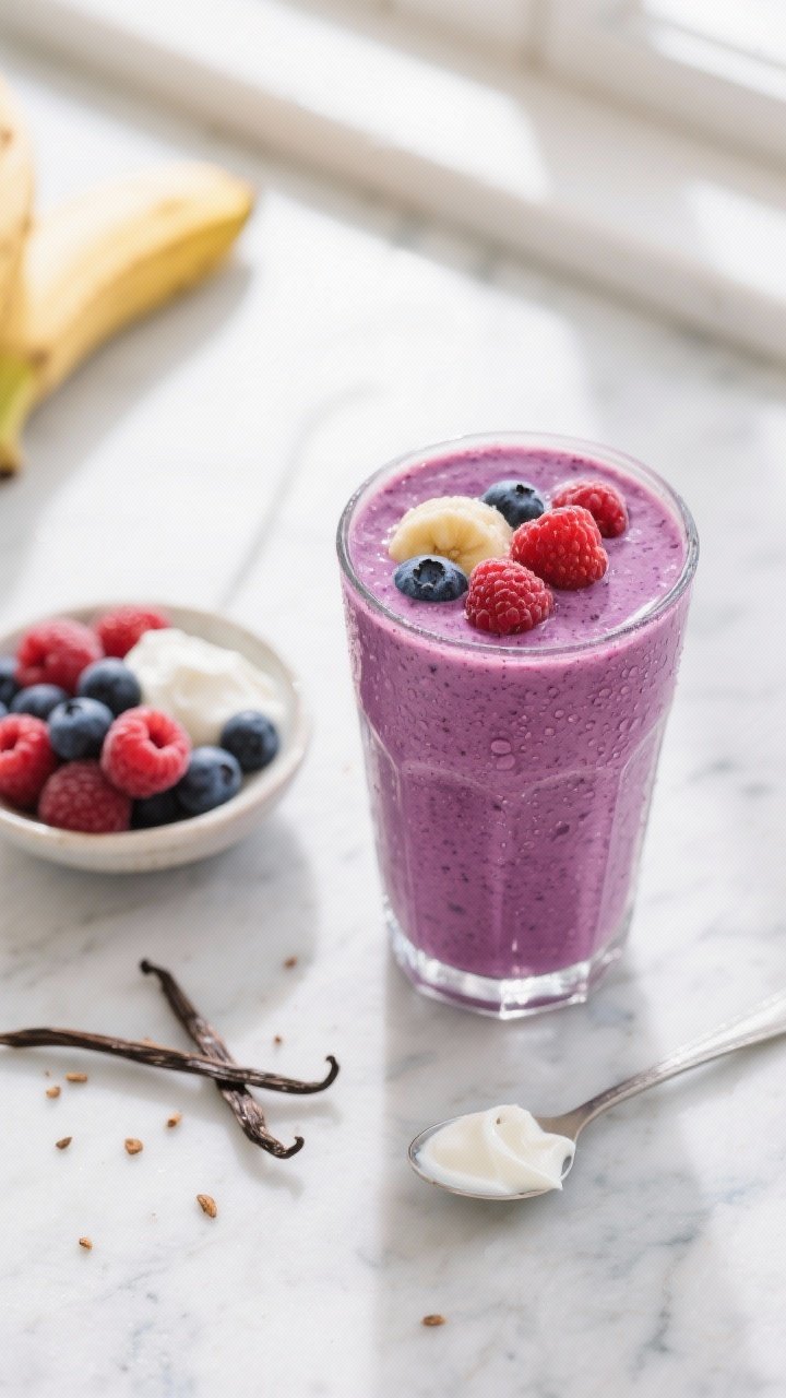 Overhead shot of a thick, classic mixed berry vanilla smoothie poured into a clear highball glass, vibrant magenta-purple from frozen strawberries, blueberries, and raspberries, with creamy body from a ripe banana and vanilla almond milk; a small bowl of extra mixed berries and a spoonful of plain/vanilla yogurt beside the glass, tiny vanilla beans speckling the surface, soft natural window light, light marble surface, minimal styling, condensation on glass for freshness.