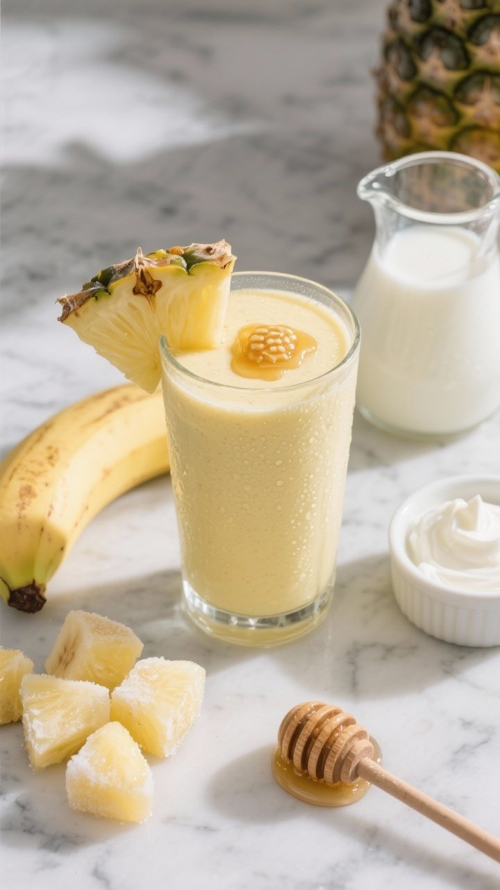 Overhead shot of the Classic Sunshine Sipper smoothie in a clear highball glass, thick and creamy with a pale yellow hue. Garnished with a pineapple wedge and a drizzle of honey. Surround the glass with neatly styled raw ingredients on a cool marble surface: frozen pineapple chunks with frost, a ripe banana (one half sliced), a small pitcher of unsweetened coconut milk, a dollop of plain Greek yogurt in a ramekin, and a spoon with honey or maple syrup. Soft morning light, minimal props, clean tropical mood, condensation on glass for freshness.