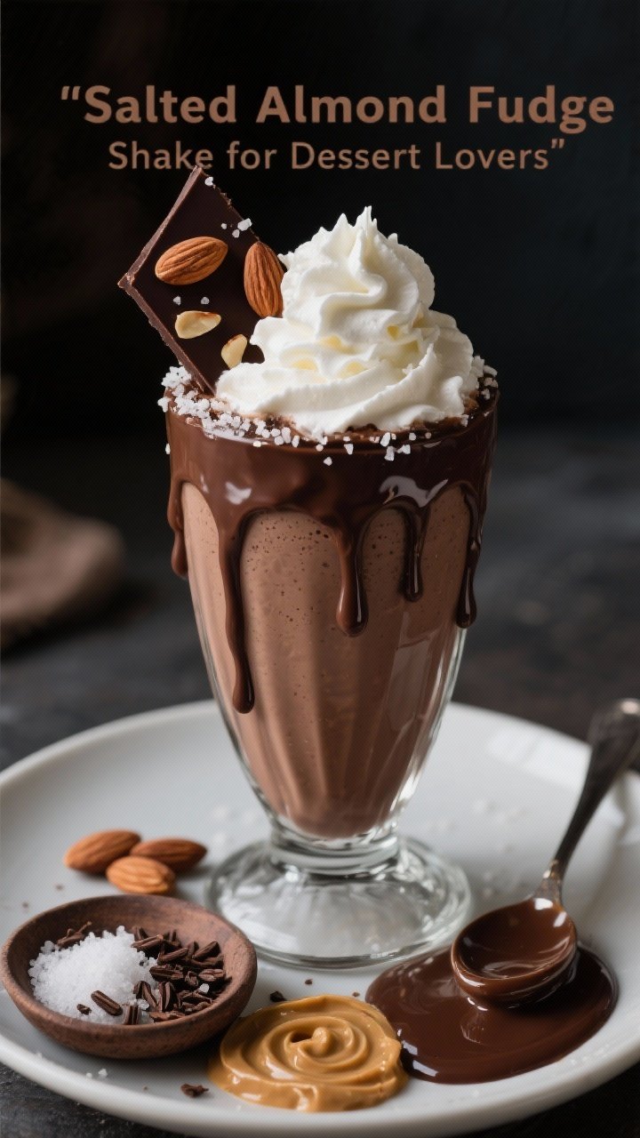 Plated dessert-style presentation for “Salted Almond Fudge Shake for Dessert Lovers”: a large, ultra-thick, milkshake-like smoothie in a chilled sundae glass, chocolate fudge drip down the rim, flaky sea salt sprinkled on top, crowned with whipped coconut cream and a shard of dark chocolate bark studded with almonds. Nearby: a small dish of flaky salt, cocoa nibs, almond butter swirl, and a glossy fudge sauce spoon. Moody, low-key light with strong highlights to accentuate gloss and fudgy richness.