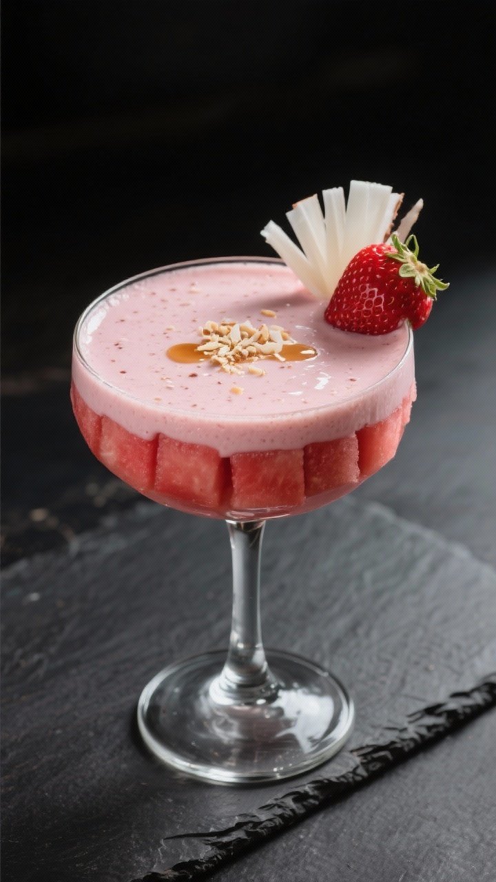 Plated dessert-style presentation of the Strawberry Watermelon Creamsicle smoothie: a silky, pale-pink to deep-rose layered pour in a chilled coupe glass made from frozen watermelon cubes, frozen strawberries, light coconut milk, vanilla extract, and a drizzle of maple syrup; glossy coconut milk sheen on the surface, vanilla specks visible; garnished with a strawberry fan and a coconut flake sprinkle; shot at 45 degrees on a dark slate to contrast the creamy pinks, moody backlight highlighting luscious, dessert vibes.