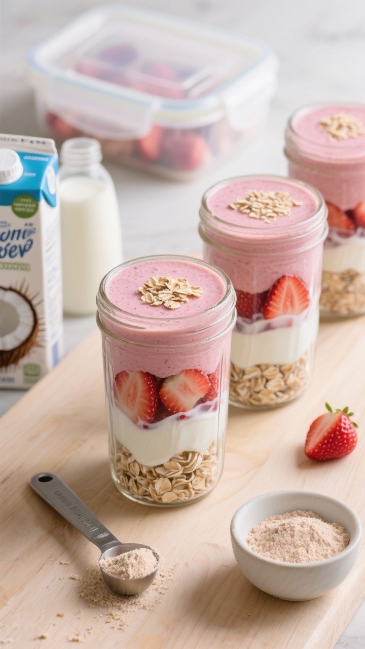 Straight-on close-up of a meal-prep lineup for the Strawberry Coconut Protein Power Smoothie: three clear meal-prep jars filled to different layers—rolled oats at the bottom, Greek yogurt ribboning, coconut milk, frozen strawberries, and a visible scoop of vanilla protein powder dusting the top; one finished jar blended to a creamy pink and topped with a sprinkle of oat crumbs; set on a light wood surface with a measuring scoop, carton of unsweetened coconut milk, and a small bowl of protein powder; soft diffused light, sharp textures, practical meal-prep vibe, no people.