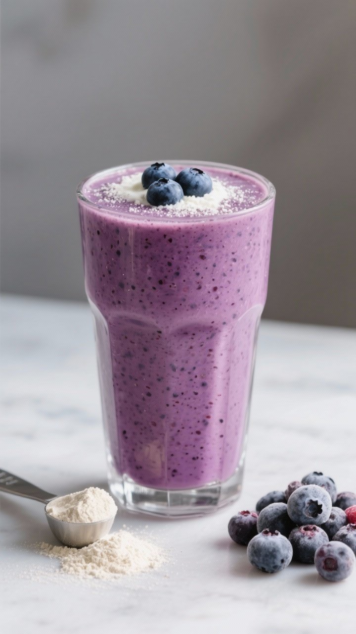 Straight-on close-up of a Protein-Packed Berry Power Smoothie in a tall glass: ultra-creamy berry-purple smoothie made with mixed berries, Greek yogurt, dairy milk, and vanilla protein powder; thick texture with tiny berry seeds visible, crowned with a dusting of protein powder and a few fresh blueberries; beside it, a scoop of protein powder rests on the table with a small pile of frozen berries; crisp, gym-fresh vibe with neutral backdrop, sharp focus on texture.