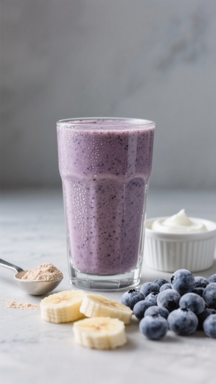 Straight-on close-up of a protein-packed blueberry banana smoothie in a tall glass, highlighting dense, velvety thickness and frosty condensation. Style with a scoop of vanilla protein powder in a stainless scoop beside the glass, unsweetened Greek (or dairy-free) yogurt in a small ramekin, sliced frozen banana pieces scattered, and a mound of frozen blueberries. Neutral gray backdrop with soft side light to emphasize texture and the idea of a filling, breakfast-ready powerhouse.