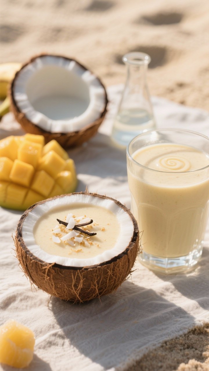 Straight-on close-up of the Creamy Coconut Dream smoothie served in a chilled coconut shell cup and a clear glass side-by-side to showcase opacity and lushness; garnish the surface with micro-shavings of coconut and a tiny splash swirl suggesting vanilla; place ingredient cues in soft focus: canned full-fat coconut milk (well-shaken, open can), ripe banana, frozen mango, and a small beaker of coconut water; beachy, tropical mood with warm sunlight and a sand-toned linen, creamy off-white meets golden mango hues, ultra-smooth texture, no human elements.