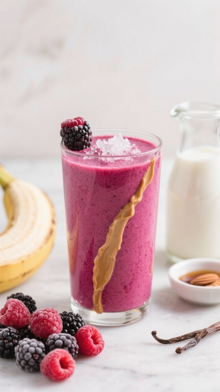 Straight-on hero shot of a dairy-free raspberry-blackberry glow smoothie in a tall, clear glass, radiant magenta color with silky texture from almond milk and almond butter. Minimal garnish: a thin ribbon of almond butter down the inside of the glass, a single frozen raspberry and blackberry perched on the rim, and micro ice crystals visible. Ingredients styled beside: frozen raspberries, frozen blackberries, a peeled frozen banana, a small carafe of unsweetened almond milk (or almond-coconut blend), and a tiny dish labeled pure vanilla extract. Natural light, airy, clean vegan vibe.