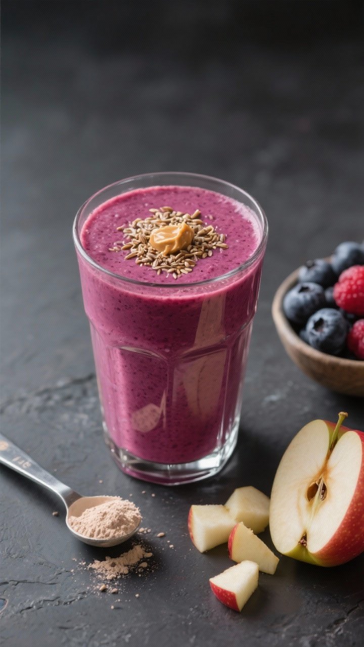 Straight-on hero shot of the Protein-Packed Apple Berry Power Smoothie in a sturdy, clear tumbler, thick and velvety with a rich berry-magenta color; garnished with a dusting of ground flax on top and a small dollop of almond butter on the rim; staged with key elements: a scoop of vanilla protein powder in a metal scoop, chopped sweet apple, and a bowl of frozen mixed berries; energetic, weekday-morning mood, matte charcoal surface, crisp studio lighting, no people.
