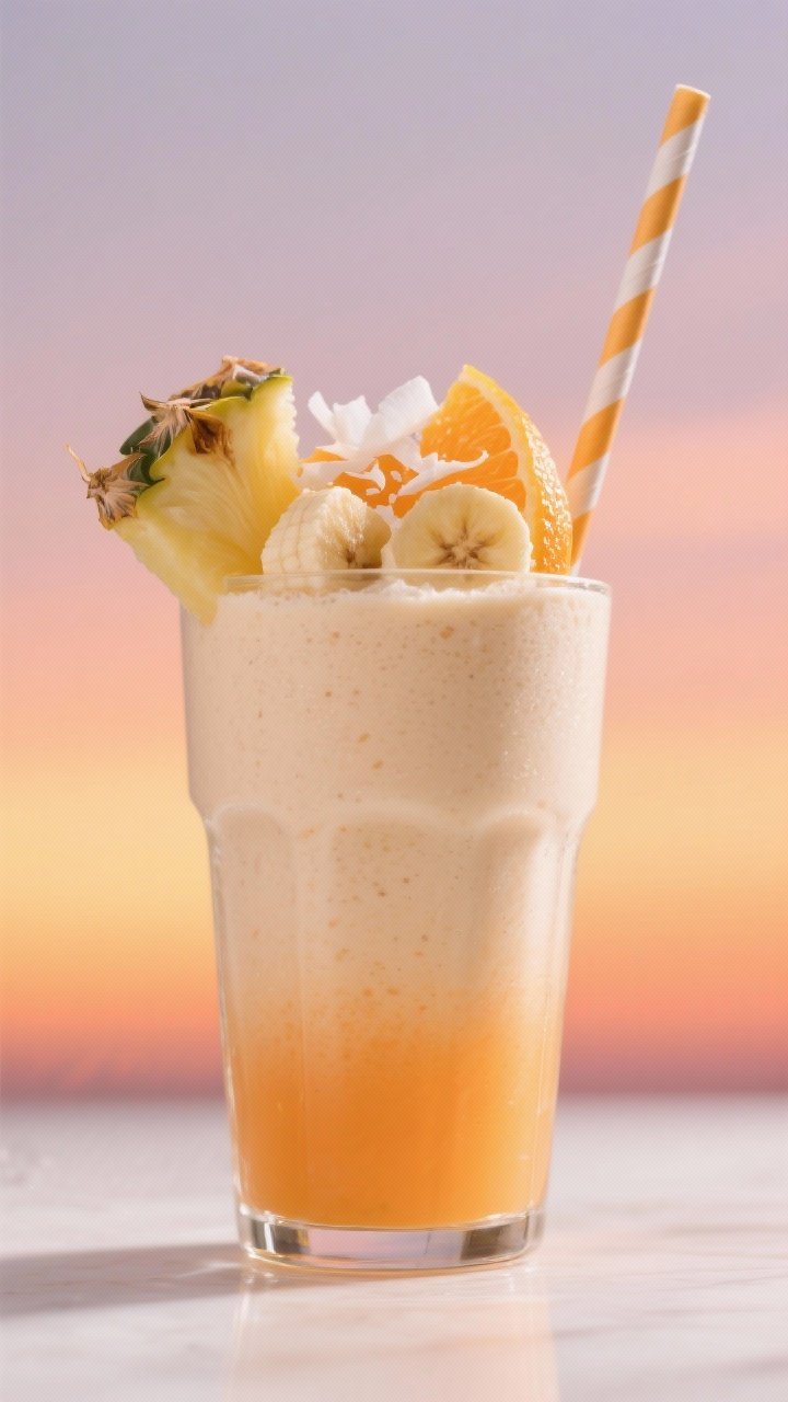 Straight-on hero shot of the Sunset Creamsicle Pineapple Coconut Smoothie in a wide tumbler with a soft ombré from pale orange to creamy coconut; ingredients reflected in the color: frozen pineapple chunks, frozen banana slices, canned full-fat coconut milk, unsweetened vanilla almond milk, and fresh orange juice; garnish with an orange twist and coconut flakes on top, a striped straw, and a backdrop gradient resembling a sunset; minimal props, high gloss highlights, no people.