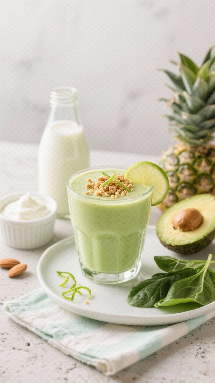 Straight-on plated dessert-inspired presentation for Key Lime Pie-Inspired Green Smoothie: the smoothie served in a clear rocks glass with a silky pale-green hue, topped with a fine sprinkle of graham-cracker-style crumbs and a thin lime zest ribbon to evoke key lime pie; nearby are vanilla almond milk in a small bottle, plain/vanilla Greek yogurt in a ramekin, frozen pineapple, half an avocado, and fresh spinach leaves; styled on a light stone surface with a pastel napkin, soft diffused light, bakery-café mood, no people.