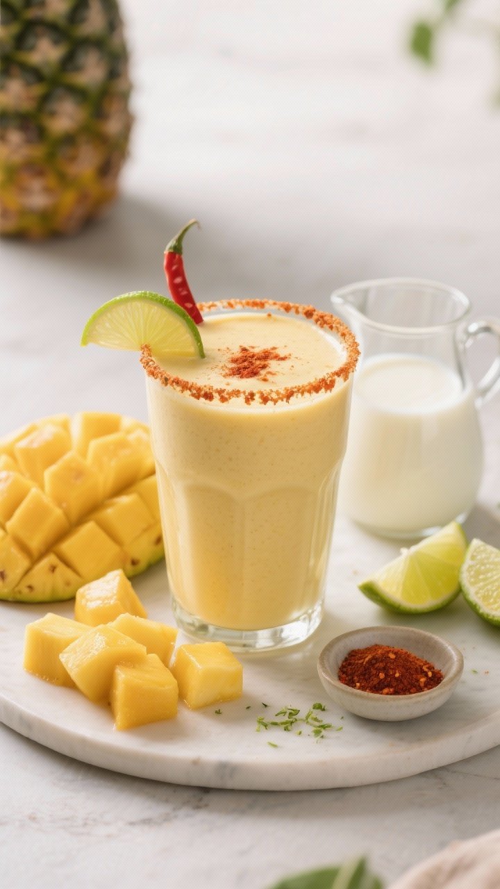 Straight-on plated presentation of a Spicy Piña-Mango Lassi in a chilled glass with a silky, pale golden hue, crowned with a chili-lime rim and a pinch of red chili powder. Ingredients styled beside: ripe mango cubes, pineapple chunks, plain yogurt, a small pitcher of cold water or milk, fresh lime wedges, and a tiny dish of chili powder. Add a subtle lime zest sprinkle on top. Bright, airy lighting with a hint of warmth to suggest a zesty, refreshing kick; crisp focus on the rim and creamy body.