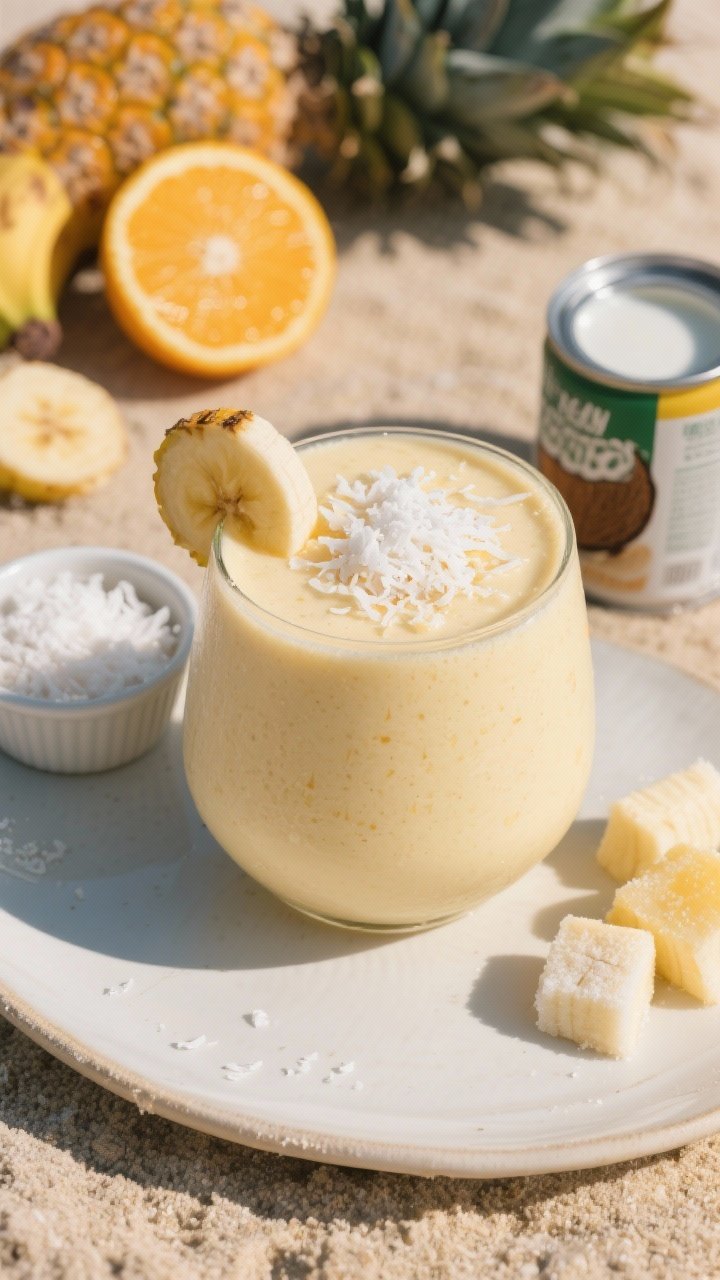 Straight-on plated presentation of the Creamy Coconut Sunshine Smoothie in a low, wide glass: lush, thick, and pale tropical cream from full-fat coconut milk and half a frozen banana, with golden undertones from pineapple and orange juice. Crown with a light snowfall of unsweetened shredded coconut and a pineapple leaf tip tucked at the rim. Place next to a small ramekin of shredded coconut, an open can of coconut milk (well-shaken), and frosty pineapple chunks. Background props: a split orange and a half banana with frost. Warm, beach-day sunlight with gentle shadows, showcasing velvety texture and indulgent creaminess.