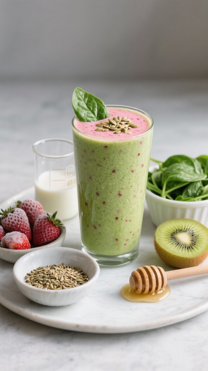 Straight-on plated presentation of the Green Glow Strawberry Kiwi Smoothie with Spinach and Avocado: a tall glass showcasing a creamy green-pink blend with visible strawberry specks, set beside small bowls of frozen strawberries (1 cup), 1 peeled kiwi, a packed cup of baby spinach, a quarter ripe avocado, a beaker of cold oat milk (3/4 cup), hemp seeds in a pinch bowl, and a honey dipper with a small ribbon of honey; modern matte backdrop, soft directional light, sprinkle of hemp seeds on top and a spinach leaf as garnish, mood is clean and nourishing.