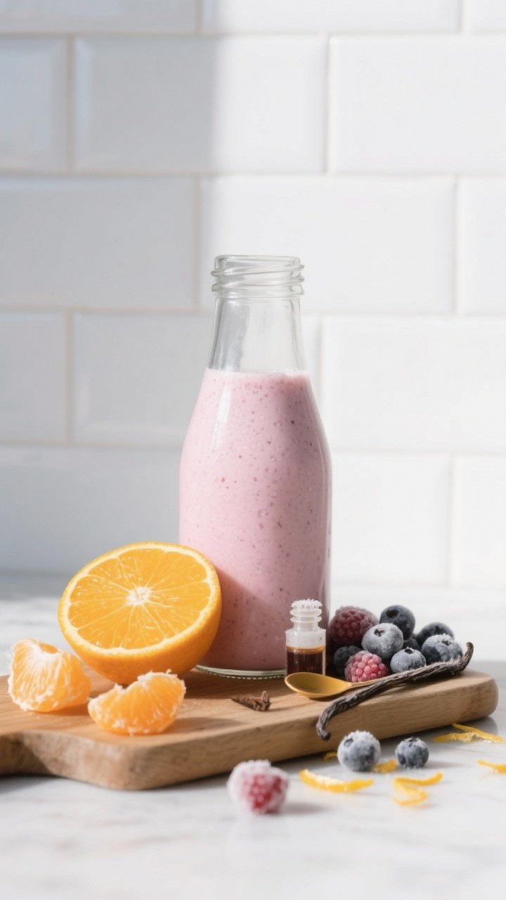 Straight-on shot of a gut-happy kefir smoothie with citrus pop, poured into a clear glass bottle showing a lighter berry-pink tone from plain/vanilla kefir and frozen mixed berries; half an orange peeled and segmented on a cutting board with a few segments leaning against the bottle, a tiny vial/spoon of pure vanilla extract nearby; frosty edges, fresh zest scattered, bright morning light, clean white tile backdrop, crisp and probiotic-forward mood.
