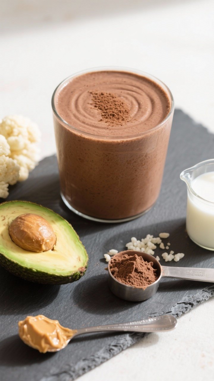 Straight-on shot of the Banana-Free Low-Sugar Velvet Smoothie in a cylindrical glass, showcasing an ultra-smooth, rich chocolate-brown surface with a gentle ripple; garnish with a minimal cocoa dust line; ingredients arranged in the foreground on a slate board: a quarter ripe avocado with bright green flesh, a small bowl of frozen cauliflower rice crystals, chocolate protein powder scoop, a spoon of peanut butter (note option of powdered PB nearby), and a measuring cup of unsweetened almond milk; bright natural light for a clean, healthy mood.