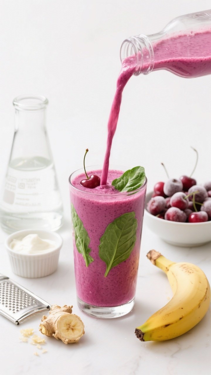 Straight-on shot of the Green Glow Cherry Banana Smoothie mid-pour into a tall glass, showing a vibrant magenta hue with a subtle green undertone from the baby spinach. Include coconut water in a clear beaker, plain kefir or Greek yogurt in a ramekin, grated fresh ginger on a microplane, a small banana, and a bowl of frozen cherries arranged neatly behind. Fresh, bright, wellness vibe with crisp highlights and a clean white background to emphasize colors and ingredients.