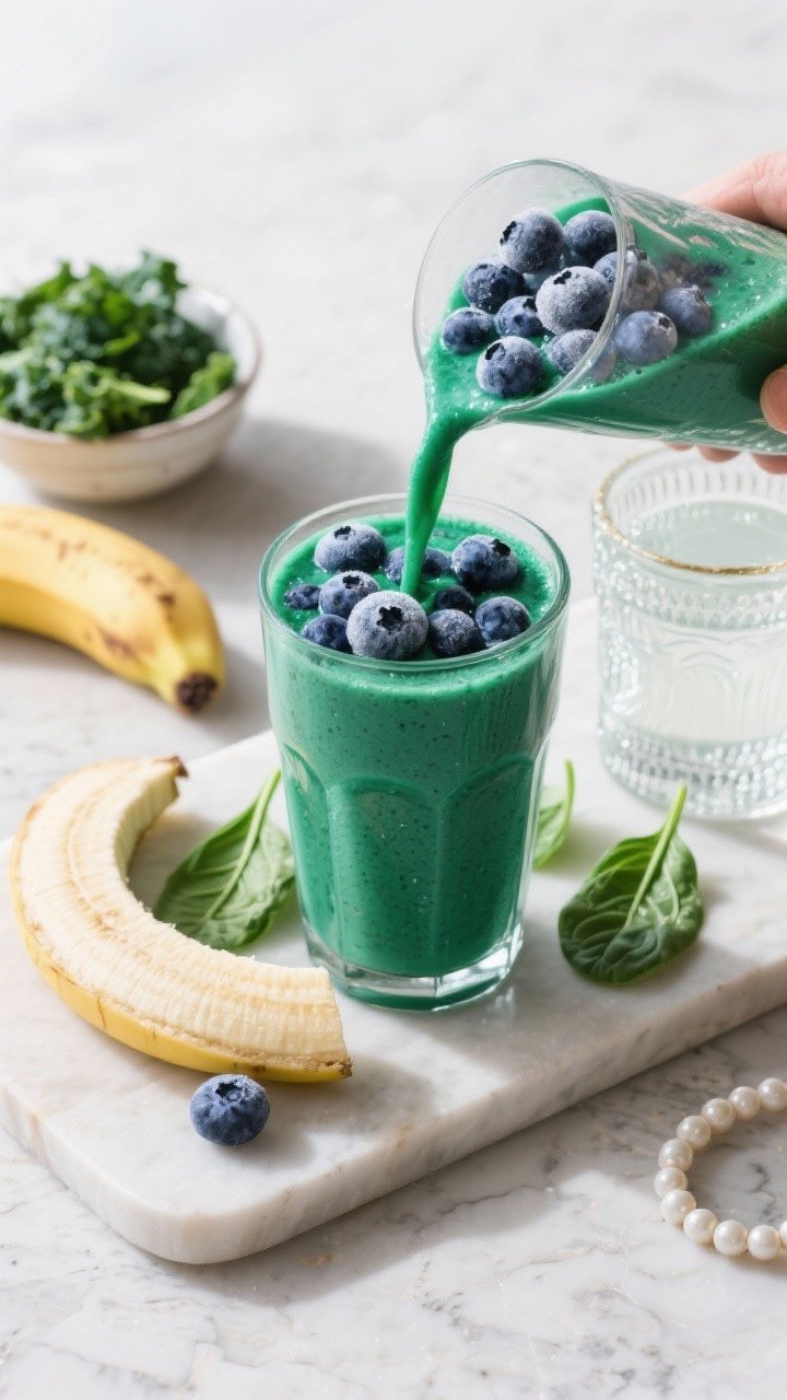 Straight-on shot of the Green Glow-Up smoothie being poured into a clear glass, showing a vibrant indigo-meets-emerald tone from blueberries and baby spinach. Highlight textures: frosty 1 cup frozen blueberries, 1 ripe frozen banana, a tightly packed cup of baby spinach (some leaves on the board), and a beaded-glass of coconut water. Include an extra small bowl of kale as an alternative. Place everything on a light stone surface with a fresh, spa-like vibe, bright natural light, no clutter.