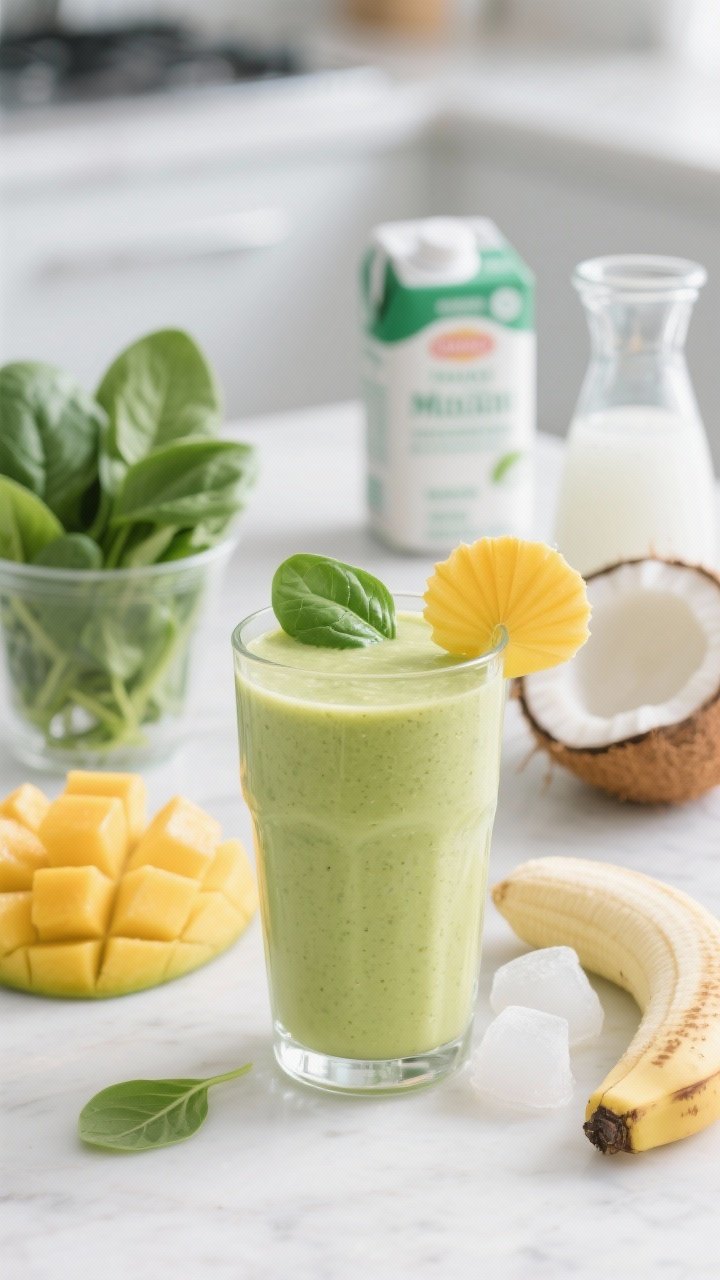 Straight-on shot of the Green Mango Coconut Sunrise smoothie poured into a clear glass to show its vibrant light-green color, silky texture from mango and banana balanced with baby spinach. Garnish with a tiny mango fan on the rim and a single spinach leaf. In the background, slightly out of focus: a packed cup of baby spinach, half a frozen banana, frozen mango chunks, a carton/light can of coconut milk, and a small carafe of cold coconut water. Modern, bright kitchen surface, fresh and inviting, minimal props, professional depth of field.