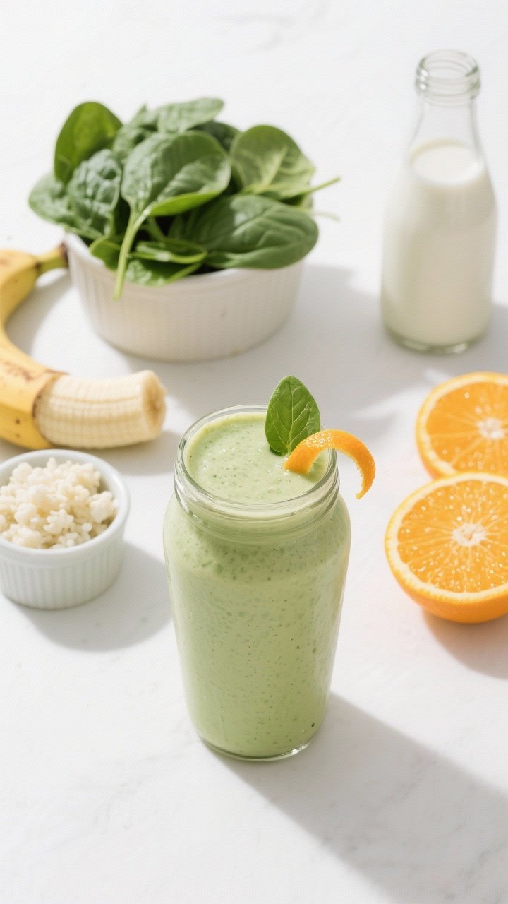 Straight-on shot of the Sunshine Green Creamsicle Smoothie in a clear smoothie jar, pale green and ultra-creamy; a neat pile of fresh spinach leaves, frozen cauliflower rice in a small ramekin, half a frozen banana, and a bottle of vanilla almond milk arranged in a clean line behind; orange segments on the side to nod to the citrus base; garnish with a spinach leaf and a thin orange twist; bright, fresh, health-forward mood on a white background.