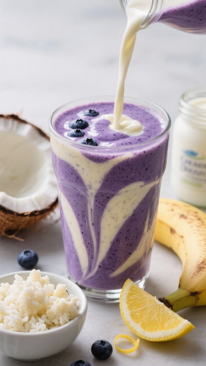 Tight close-up of the Creamsicle-Dream Lemon Blueberry Breakfast Smoothie mid-pour into a chilled glass, showcasing a luscious swirl of deep blueberry-purple with creamy vanilla tones from vanilla Greek yogurt. Include props that signal ingredients: a small bowl of frozen cauliflower rice, half a ripe banana, lemon wedge and zest curls, and an optional coconut yogurt jar for a dairy-free vibe. Glossy highlights on the smoothie surface, creamy, dreamy mood, studio lighting that emphasizes the smooth, thick texture and subtle specks of blueberry.