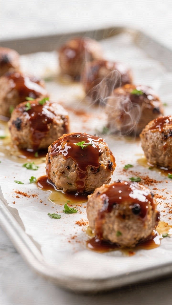 Close-up cooking process: BBQ-glazed turkey meatballs on a parchment-lined baking sheet just after g
