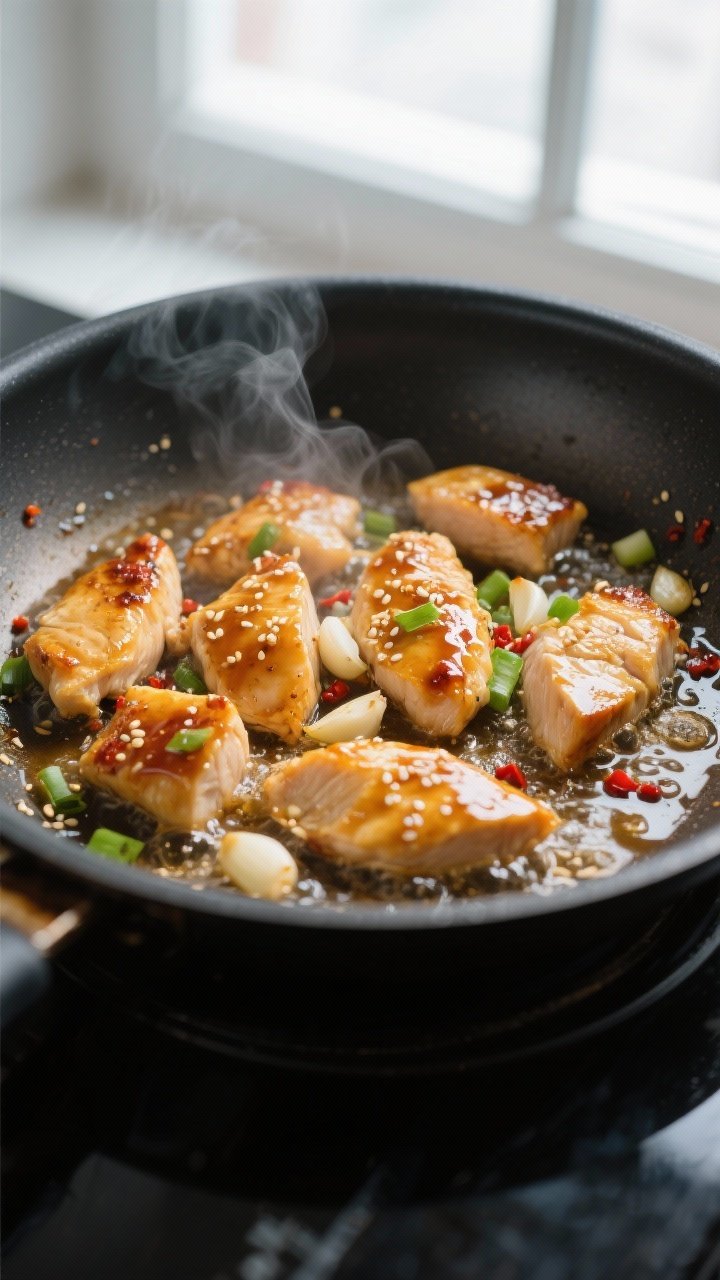 Close-up cooking process: Bite-size chicken breast pieces searing in a large nonstick skillet, golde