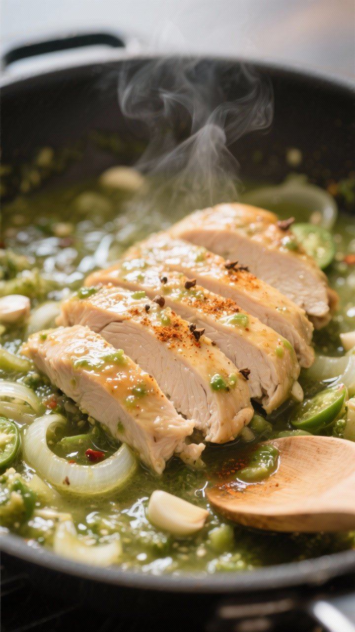 Close-up cooking process detail: tender sliced chicken simmering in a skillet of bubbling salsa verd